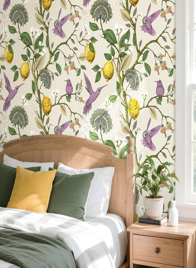 Decotalk Lemon Bird Wallpaper Peel and Stick - Lemon Tree Wallpaper Light Green Floral Bird Wallpapers for Bedroom Bathroom 17.5x120 Inch Lemons Tree Vintage Flowers Birds Wall Paper, Renter Friendly - Image 5