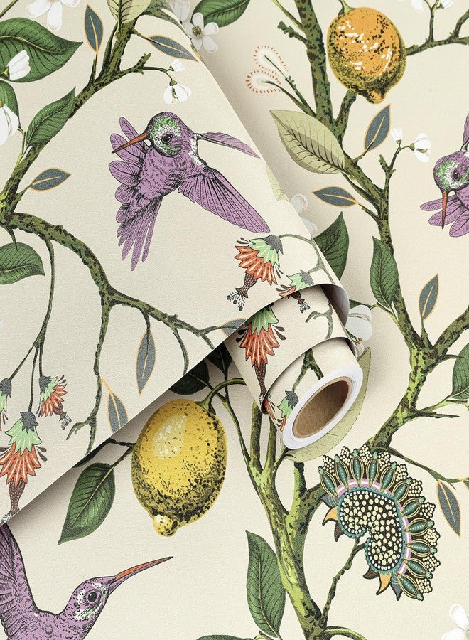 Decotalk Lemon Bird Wallpaper Peel and Stick - Lemon Tree Wallpaper Light Green Floral Bird Wallpapers for Bedroom Bathroom 17.5x120 Inch Lemons Tree Vintage Flowers Birds Wall Paper, Renter Friendly - Image 1