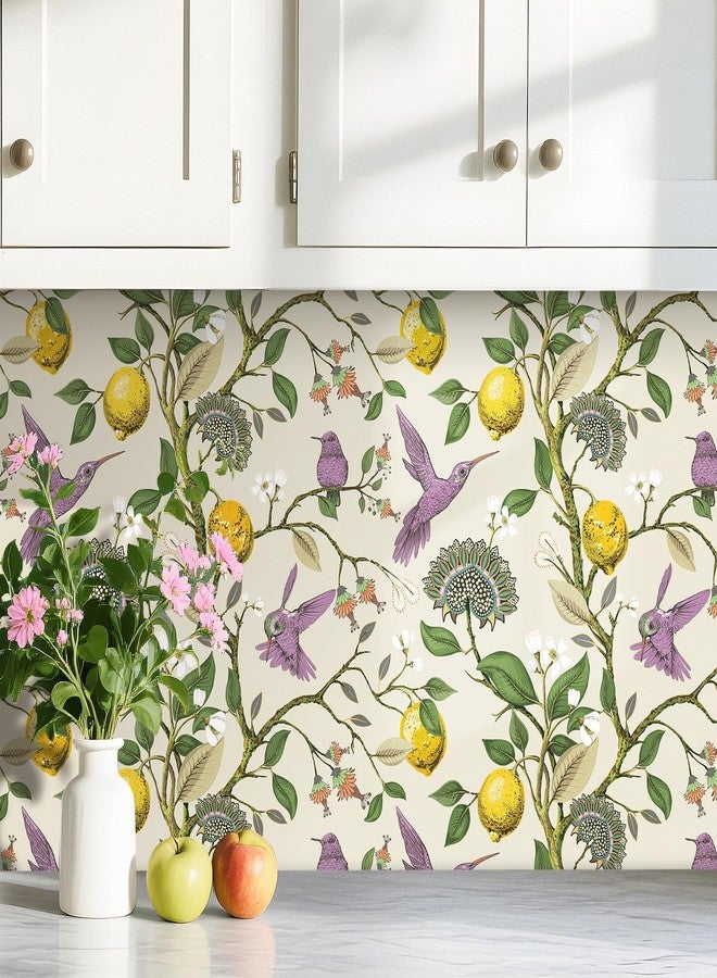 Decotalk Lemon Bird Wallpaper Peel and Stick - Lemon Tree Wallpaper Light Green Floral Bird Wallpapers for Bedroom Bathroom 17.5x120 Inch Lemons Tree Vintage Flowers Birds Wall Paper, Renter Friendly - Image 2