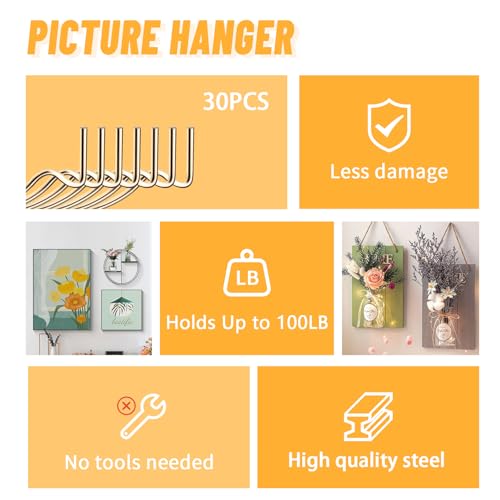 FURHUA 30pcs Aeneous Super Hook Picture Hangers and Office Pack, Drywall Hooks for Hanging Pictures, Wall Hooks, Picture Hangers, Picture Hanging Kit，Hang Art, Clock, Shelves, Mirrors - Image 5