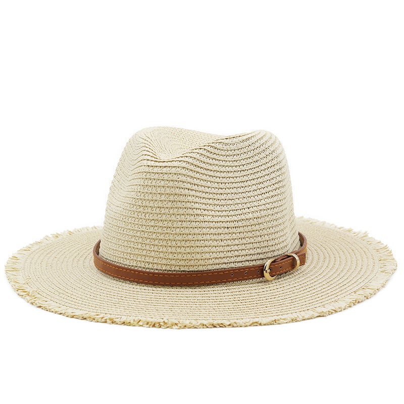 Straw Fedora Hat Women Frayed Edge Summer Beach Casual Sun Hat - Image 1