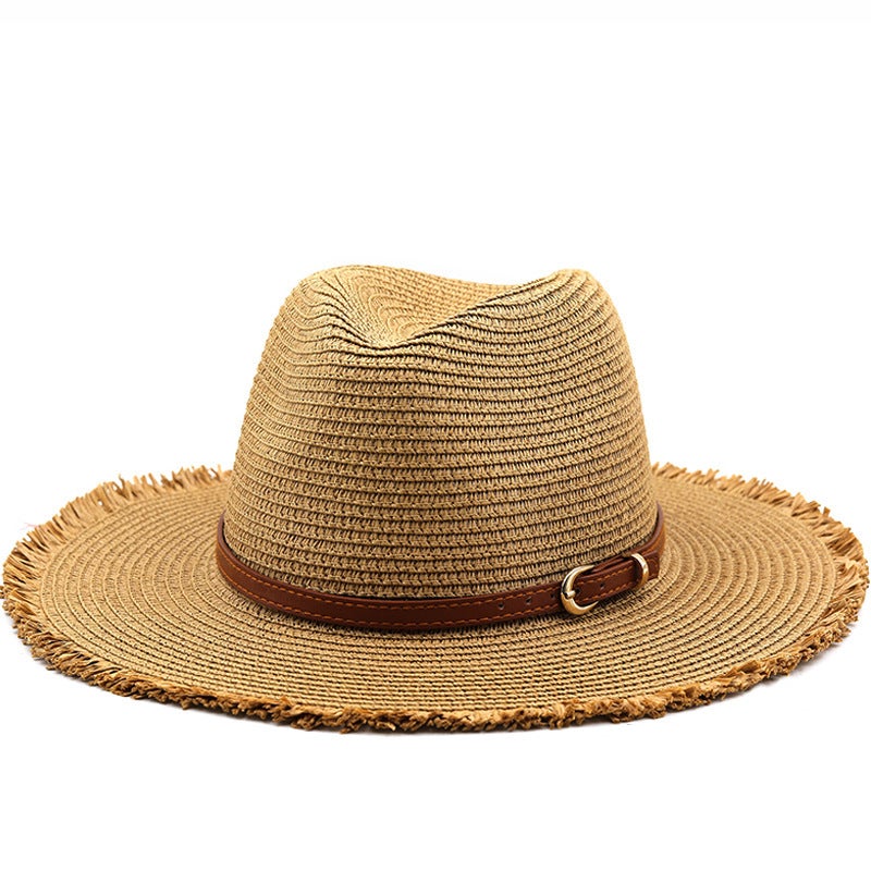 Straw Fedora Hat Women Frayed Edge Summer Beach Casual Sun Hat - Image 3