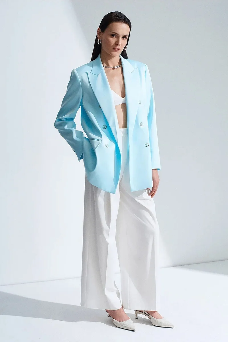 Dilvin Baby Blue DILVIN Long Satin Shawl-Collar Blazer for Women | Best Price UAE