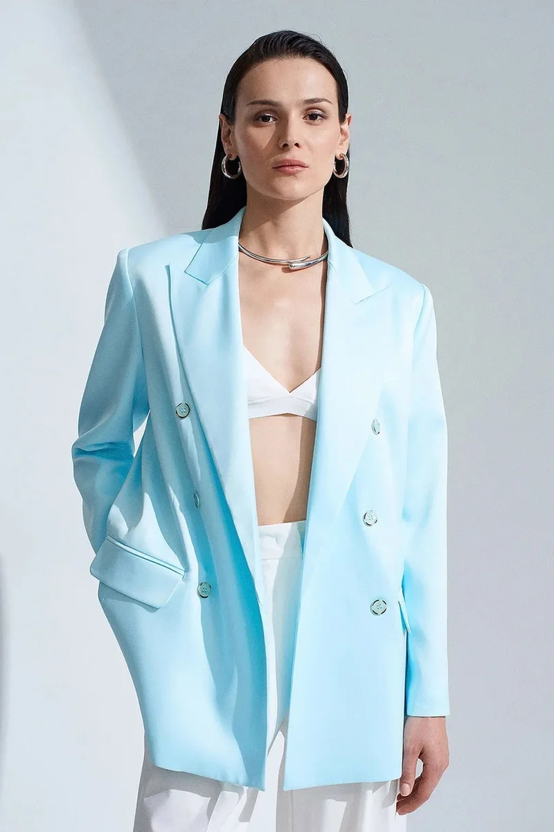 Dilvin Baby Blue DILVIN Long Satin Shawl-Collar Blazer for Women | Best Price UAE