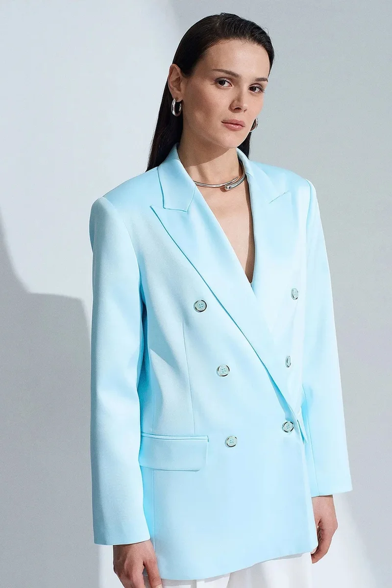 Dilvin Baby Blue DILVIN Long Satin Shawl-Collar Blazer for Women | Best Price UAE