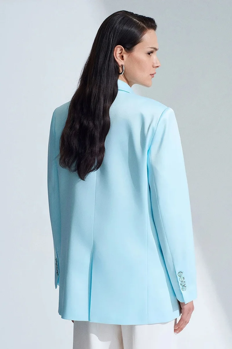 Dilvin Baby Blue DILVIN Long Satin Shawl-Collar Blazer for Women | Best Price UAE