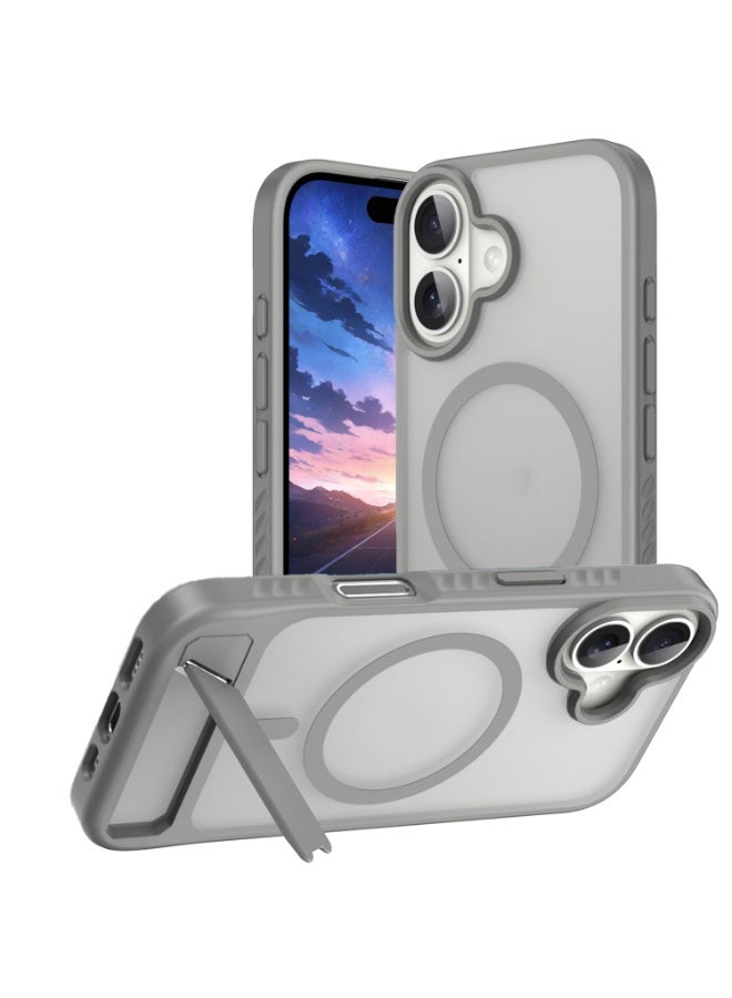 Astralxipher Strong Magnetic Shockproof iPhone 16Plus Case - Frosted grey Semi-Transparent Back | Hidden Stand (Horizontal/Vertical) + Anti-Slip Grip | (Grey) - Image 1