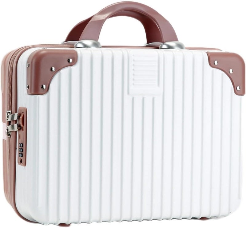 FALMAGU Portable Hard Shell Cosmetic Bag Travel Case, Small Travel Hand Luggage with Elastic Band, Mini Abs Carrying Makeup Case Suitcase (B-White & Rose) - Image 1