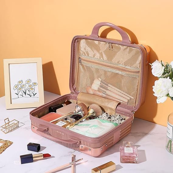 FALMAGU Portable Hard Shell Cosmetic Bag Travel Case, Small Travel Hand Luggage with Elastic Band, Mini Abs Carrying Makeup Case Suitcase (B-White & Rose) - Image 3
