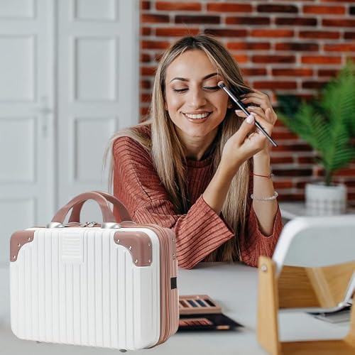 FALMAGU Portable Hard Shell Cosmetic Bag Travel Case, Small Travel Hand Luggage with Elastic Band, Mini Abs Carrying Makeup Case Suitcase (B-White & Rose) - Image 2