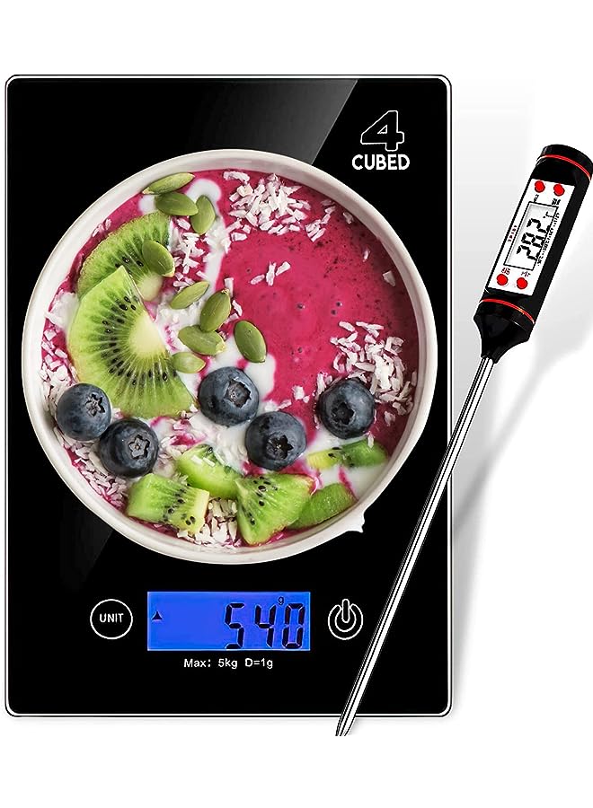 IAF Digital Kitchen Food Scale with Meat Thermometer [High Accuracy Food Scale] – Black Scale with Tempered Glass Finish – Weighs in Grams & Oz – Instant Read Digital Kitchen Scale & Thermometer - Image 1