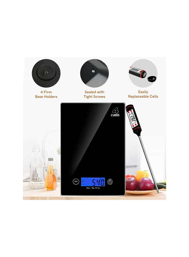 IAF Digital Kitchen Food Scale with Meat Thermometer [High Accuracy Food Scale] – Black Scale with Tempered Glass Finish – Weighs in Grams & Oz – Instant Read Digital Kitchen Scale & Thermometer - Image 3