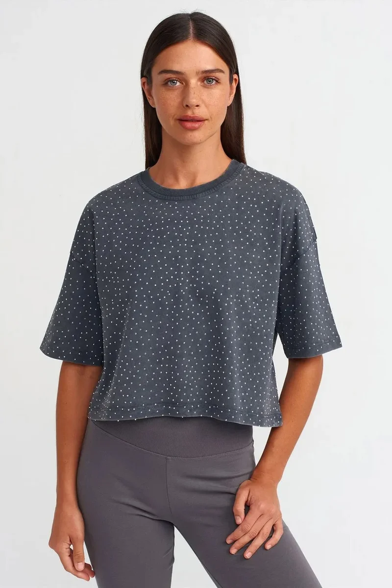 DILVIN Oversized Crop Cotton Polka Dot T-Shirt