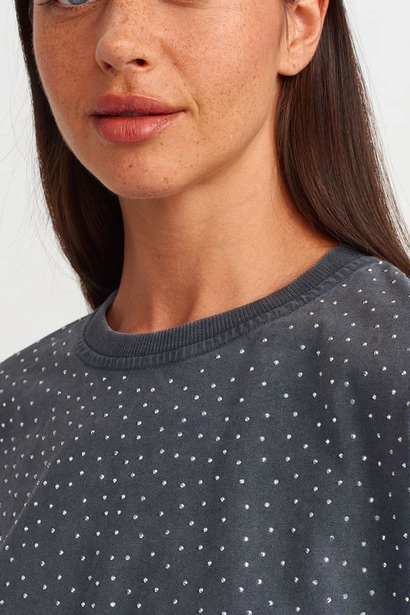 Dilvin Charcoal Grey DILVIN Oversized Crop Cotton Polka Dot T-Shirt for Women | Best Price UAE