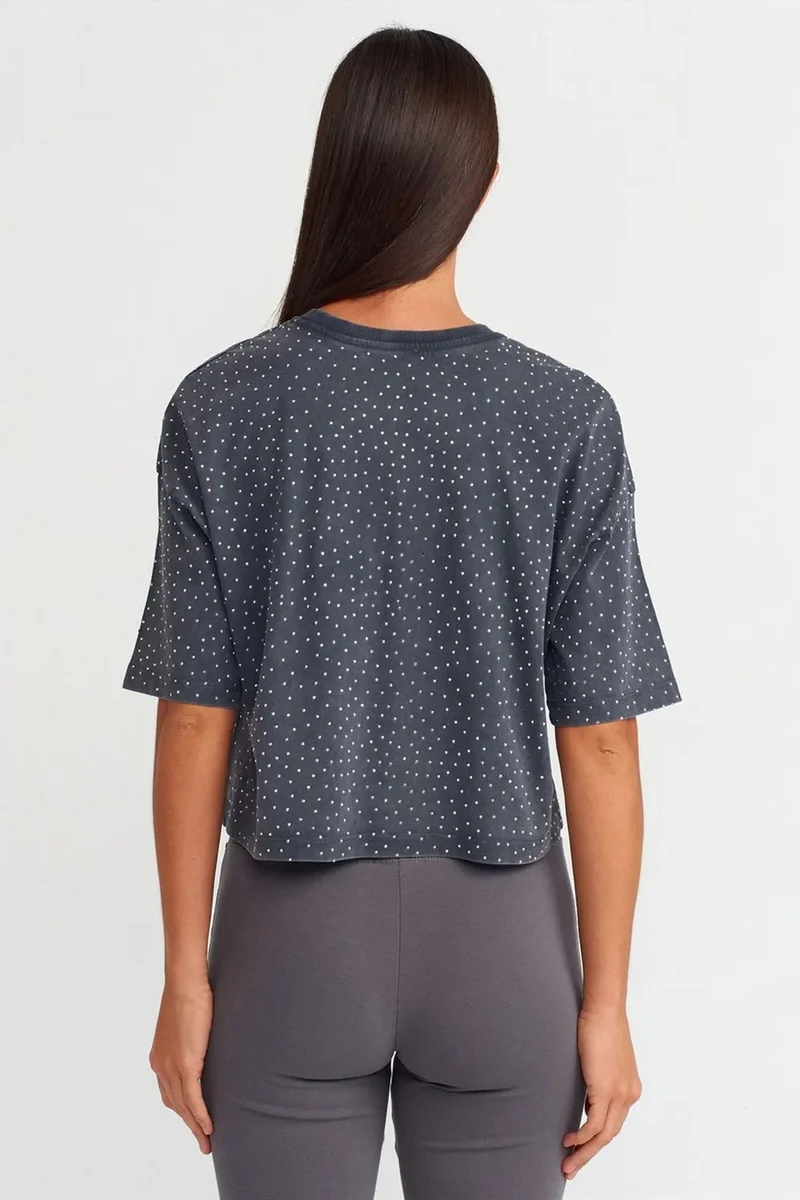 Dilvin Charcoal Grey DILVIN Oversized Crop Cotton Polka Dot T-Shirt for Women | Best Price UAE