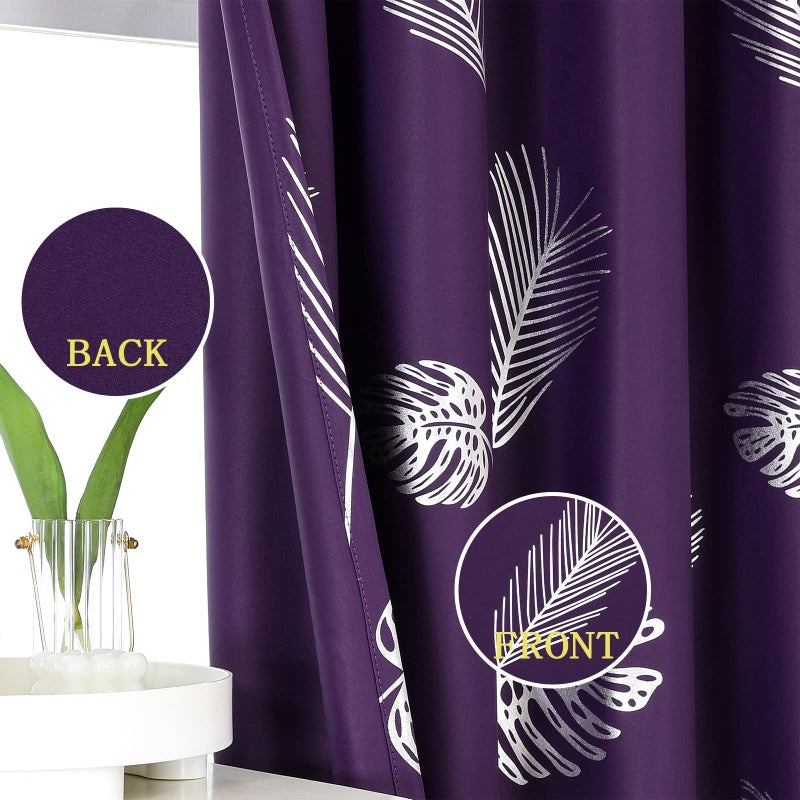 Estelar Textiler Purple Blackout Curtains for Dining Room with Silver Palm Tree Design Pattern Light Blocking Thermal Insulated Grommet Window Curtains/Drapes for Living Room  42Wx84L  2 Panels - Image 3