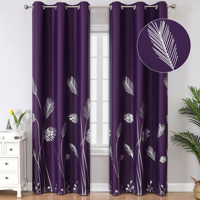 Estelar Textiler Purple Blackout Curtains for Dining Room with Silver Palm Tree Design Pattern Light Blocking Thermal Insulated Grommet Window Curtains/Drapes for Living Room  42Wx84L  2 Panels - Image 1