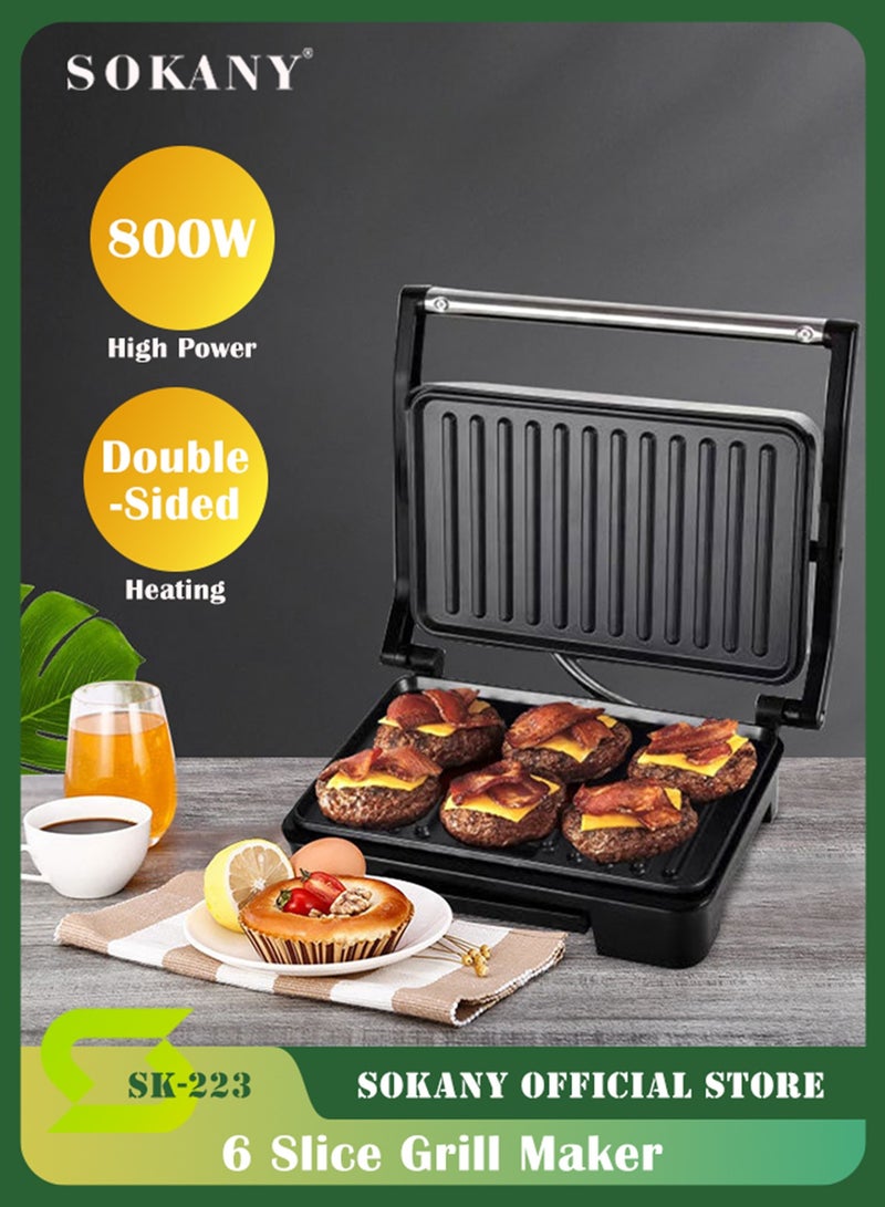 سوكاني شواية غير لاصقة بقوة 850 واط، شواية ساندويتش بانيني، ماكينة شواء الساندويتشات، ماكينة شواء اللحم، للحوم المشوية، النقانق، الهامبرغر، ساندويتش الخبز، SK-223  (أسود) - Image 1