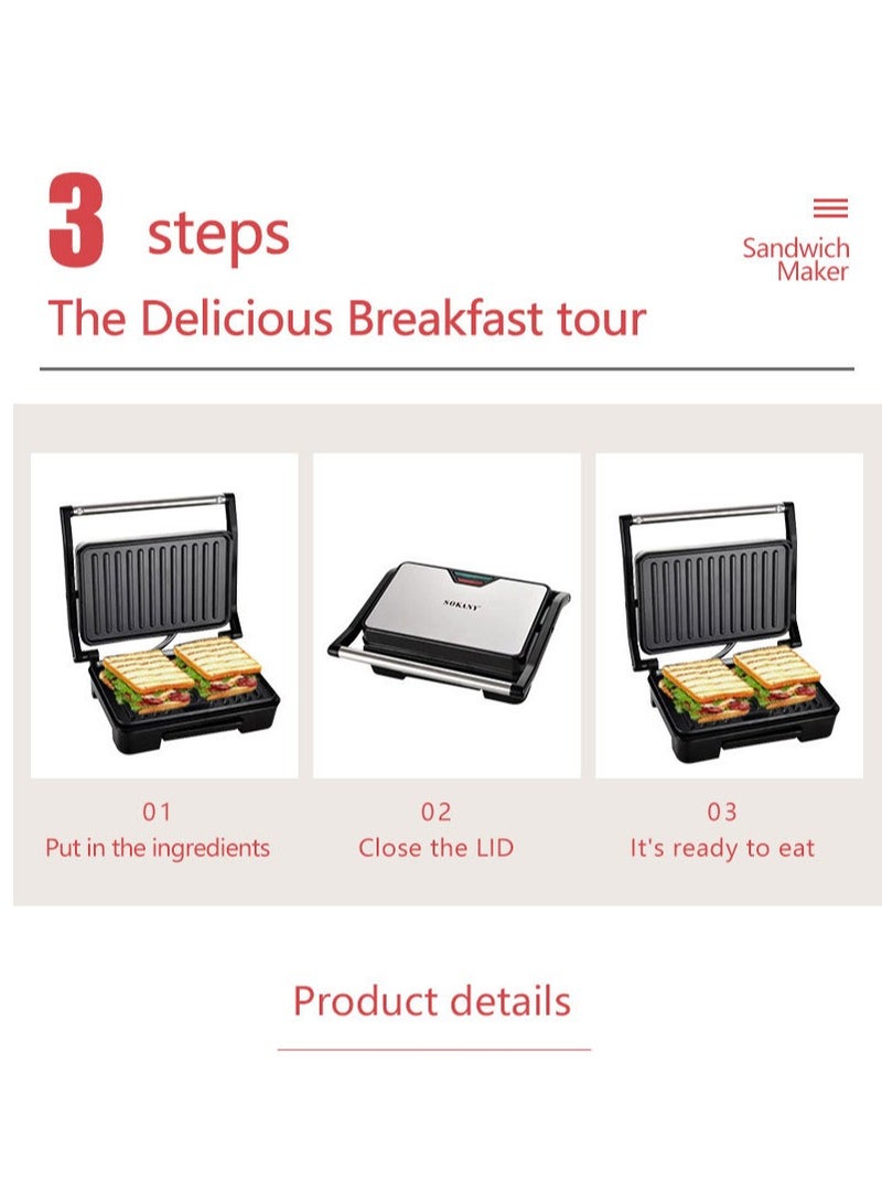 سوكاني شواية غير لاصقة بقوة 850 واط، شواية ساندويتش بانيني، ماكينة شواء الساندويتشات، ماكينة شواء اللحم، للحوم المشوية، النقانق، الهامبرغر، ساندويتش الخبز، SK-223  (أسود) - Image 2