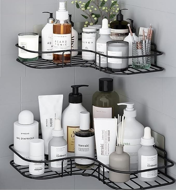 SR (Pack of 2 Self-Adhesive Shelf/Storage Organizer for Bathroom and Kitchen Corner Wall Mounted Rack Shelf Bathroom Accessories Storage Rack (No Drilling-Shelf Adhesive) (8 and 9 INCH, Black) - Image 1