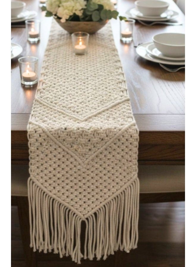 Handmade Macrame Table Runner – Long Boho Cotton Table Runner for Dining Table, Coffee Table, Wedding & Farmhouse Home Décor – 200 × 24 cm