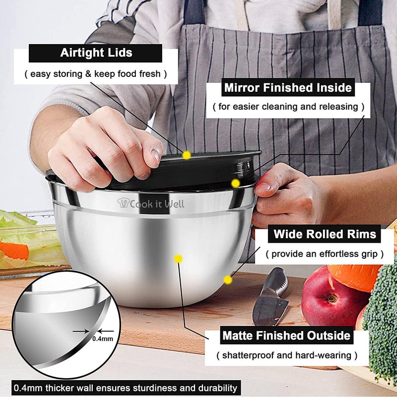 كليك آند بيك مجموعة أوعية الخلط المصنوعة من الفولاذ المقاوم للصدأ من COOK IT WELL - مجموعة مكونة من 3 قطع للسلطة والحساء والحبوب والمعكرونة وتجهيزات المطبخ - أواني تقديم متينة وسهلة التنظيف - خفق سهل الإمساك - أوعية للخلط والخفق والتخزين - Image 4