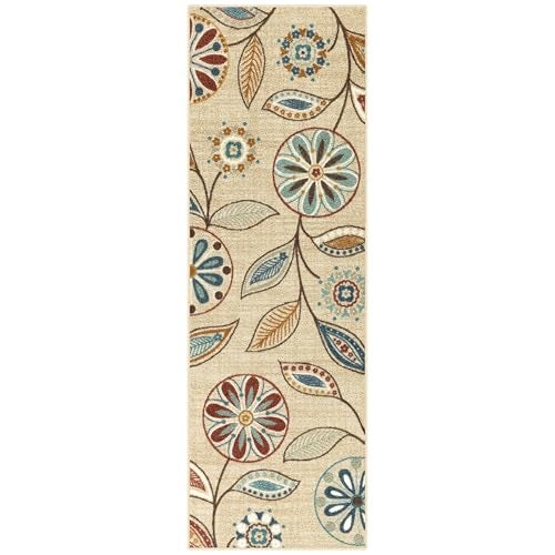 Maples Rugs Reggie Floral Runner Rug - Made in USA - Washable, Non Slip Indoor Carpet for Kitchen, Hallway, and Laundry Room, 2' x 6', Beige - Image 1