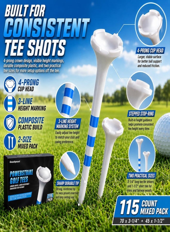 Goashpeaot Golf Tees – 115 Pack, 3-1/4" & 1-1/2" Mixed Sizes, 4-Prong Low Resistance Design, Oversized Head, 3-Line Height Marking System, Strong Plastic Golf Tees (White) - Image 2