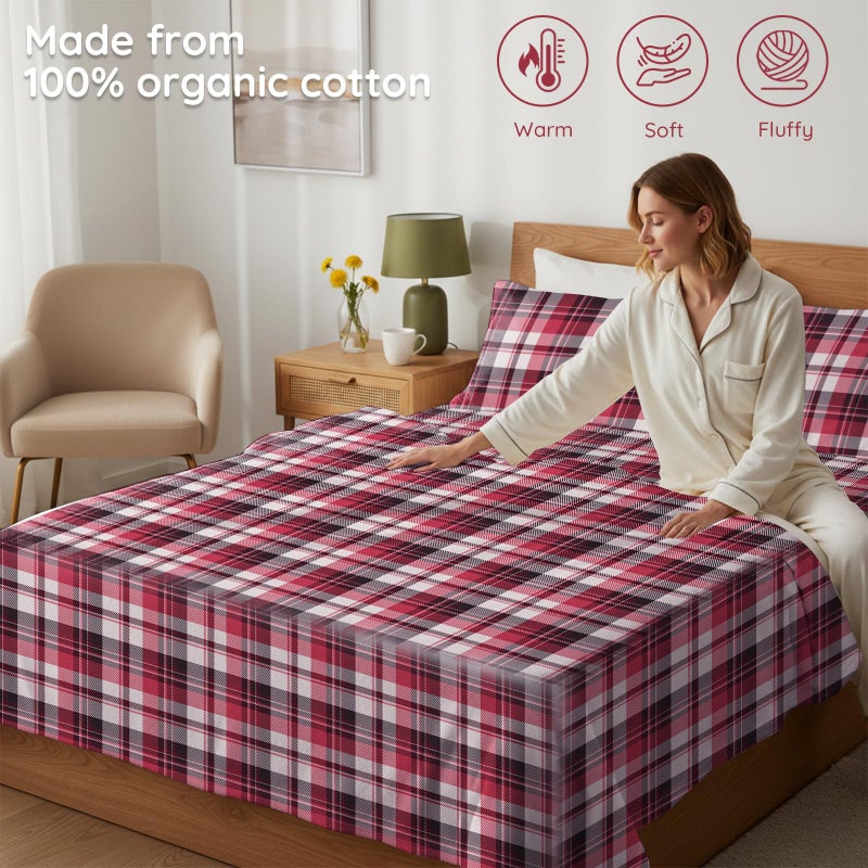 LONAVA 100% Cotton Flannel Sheet Set 4 Pieces, Heavy-Duty Fluffy Flannel Design, Thermal Lock Technology, 16 inch Deep Pocket Cozy Soft Bedsheets,(Queen,Red & Black Plaid) - Image 3