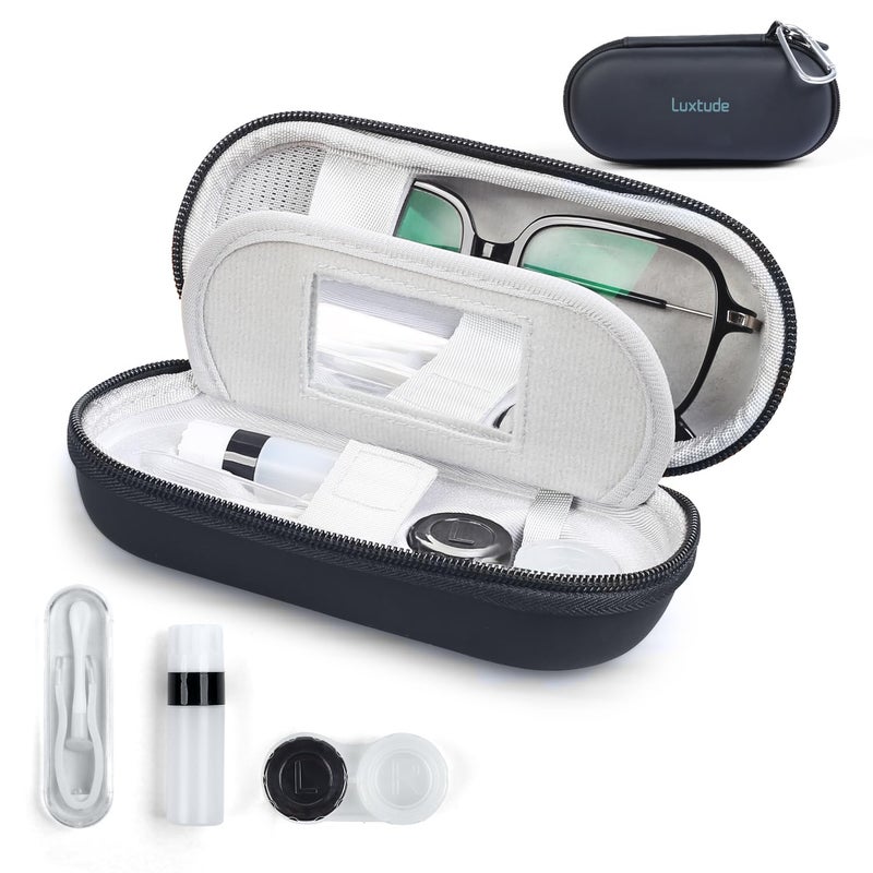 Luxtude Contact Lens Case Cute Glasses and Contact Case 2 in 1 Builtin Mirror Tweezers Contact Lense Solution Bottle Double Layer Travel Contacts Cases for Well Protection Black