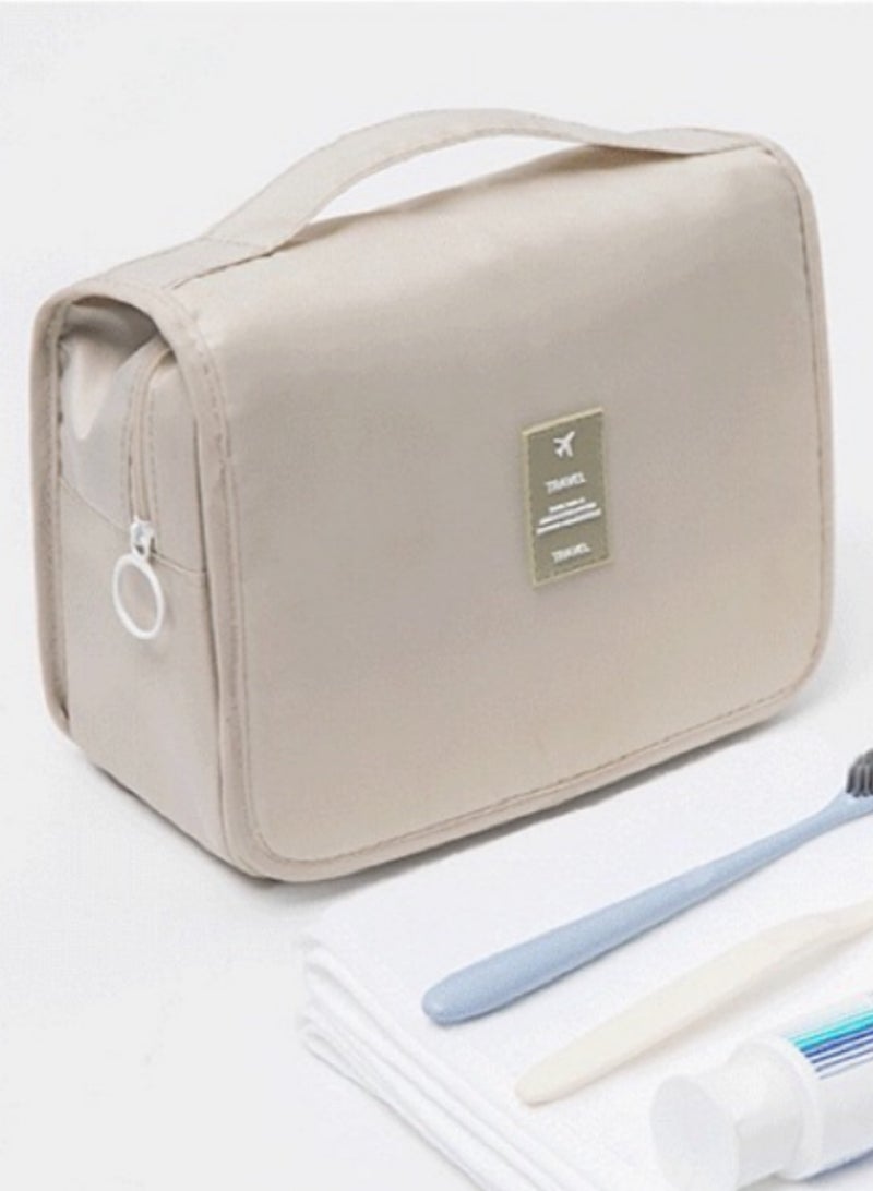 Latest Large Capacity INS Style High-Aesthetic Travel Toiletry Small Bag with Hook,foldable Portable Handheld Makeup Bag , Beige - Image 5