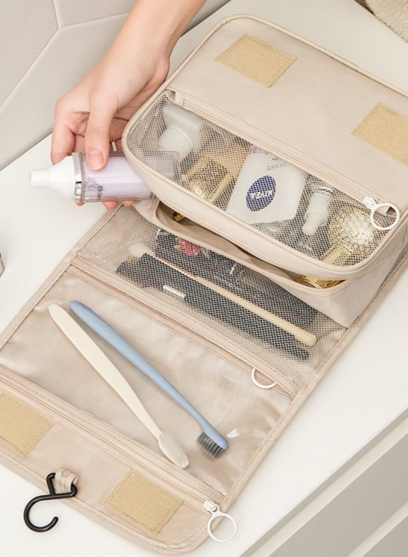 Latest Large Capacity INS Style High-Aesthetic Travel Toiletry Small Bag with Hook,foldable Portable Handheld Makeup Bag , Beige - Image 3
