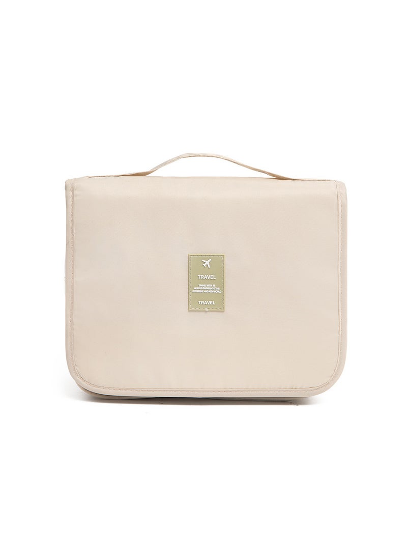 Latest Large Capacity INS Style High-Aesthetic Travel Toiletry Small Bag with Hook,foldable Portable Handheld Makeup Bag , Beige - Image 2