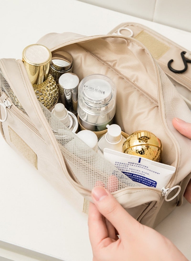 Latest Large Capacity INS Style High-Aesthetic Travel Toiletry Small Bag with Hook,foldable Portable Handheld Makeup Bag , Beige - Image 4