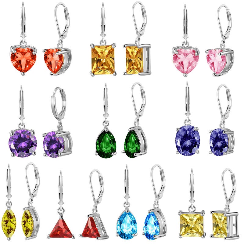 Tamhoo 10Pairs Dangle Earrings for women Fashion Pack- Flawless Cubic Zirconia Leverback Earrings for Women with Silver/Gold -Hoop (Silver Hoop- Multi-shape CZ) - Image 1