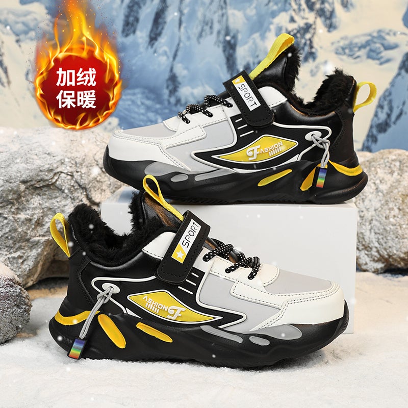 Boys' Winter Cotton Shoes Leather Shoes Children'S Soft Bottom Screw Button Fleece-Lined Warm Cotton Sneaker - Image 1