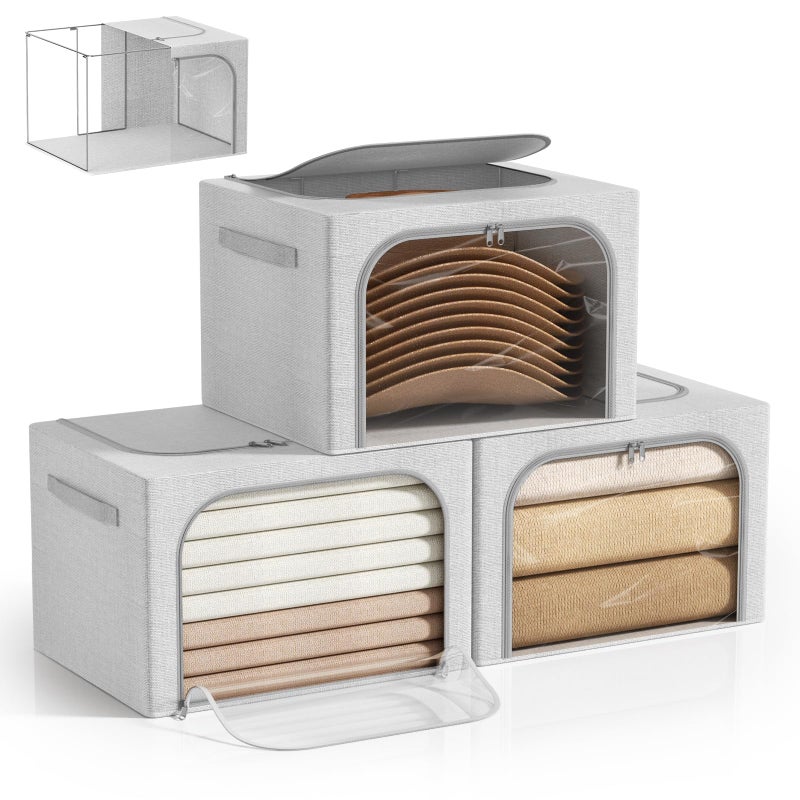 Bubimon Large Size 66L 3 Pack Openings Clothes Storage Bins with Metal Frame, Stackable & Foldable Linen Storage Box with Lids, Closet Organizers, Blanket, Sweater, Baby Clothes (19.7x 15.75 x 13 Inches) - Image 1