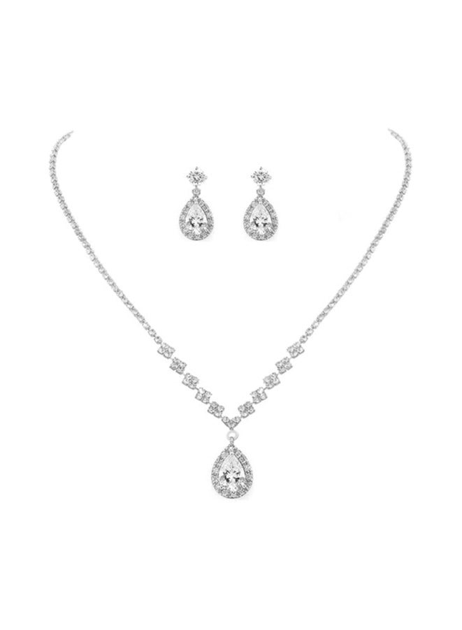 3 قطع حجر الراين قلادة الأقراط مجموعة قطرة على شكل قطرة قلادة الخامس الرقبة سلسلة الأذن تتدلى الزفاف مساء اللباس اكسسوارات للنساء فضي / واضح - Image 4