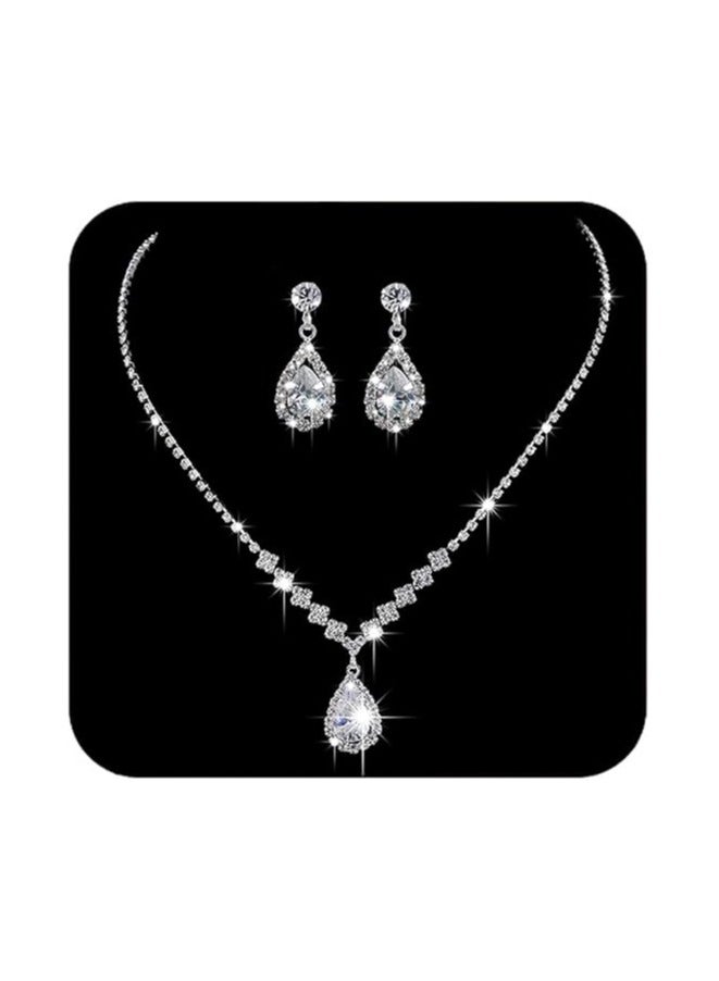 3 قطع حجر الراين قلادة الأقراط مجموعة قطرة على شكل قطرة قلادة الخامس الرقبة سلسلة الأذن تتدلى الزفاف مساء اللباس اكسسوارات للنساء فضي / واضح - Image 1