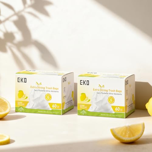 EKO 21 Gallon / 50-90 Liter, 60 Count Drawstring Trash Bags, Extra-Strong Garbage Bags, Lemon Zest Scent with Continuous Odor Control, Easy-Dispense Roll for Kitchen and Household Use, Code G, White - Image 4
