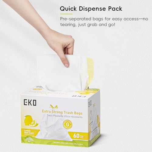 EKO 21 Gallon / 50-90 Liter, 60 Count Drawstring Trash Bags, Extra-Strong Garbage Bags, Lemon Zest Scent with Continuous Odor Control, Easy-Dispense Roll for Kitchen and Household Use, Code G, White - Image 5