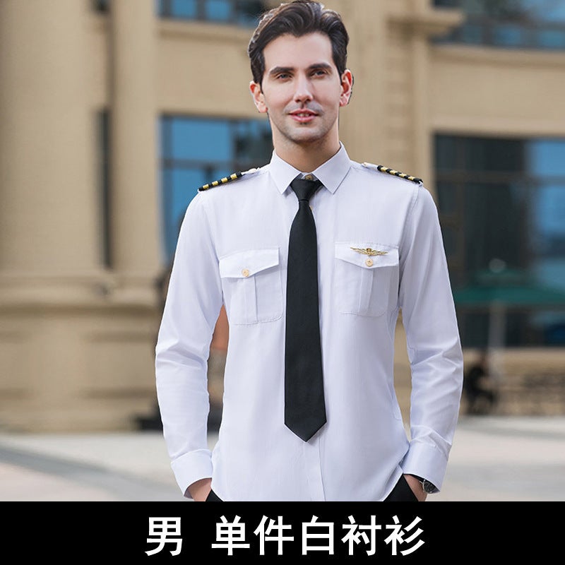 Pilot Long Sleeve Shirt Unisex Uniform Flight Attendant Male [single white shirt]]