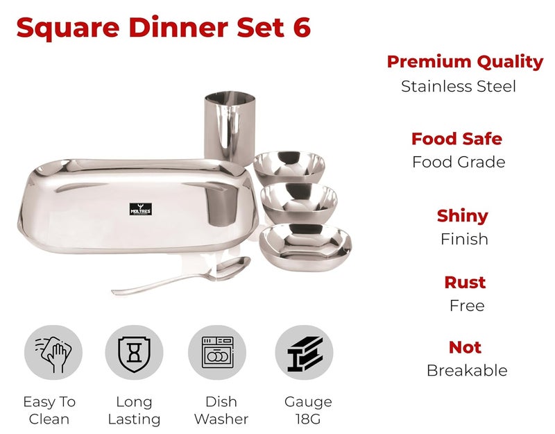 YUIOP Square Shape Steel Dinner Set 18 Guage Stainless Steel Includes 1 Thali 1 Dish 2 Bowls 1 Spoon 1 Glass - Image 3