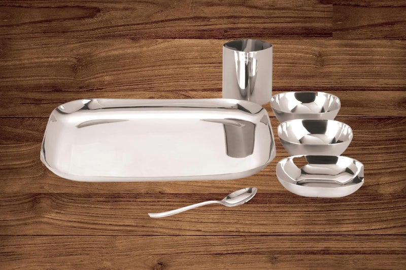 YUIOP Square Shape Steel Dinner Set 18 Guage Stainless Steel Includes 1 Thali 1 Dish 2 Bowls 1 Spoon 1 Glass - Image 5