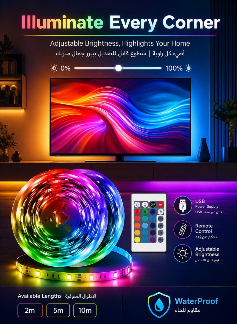 شريط إضاءة LED RGB، شريط إضاءة LED 5050 متعدد الألوان ومتغير الألوان، يعمل عبر USB، مع جهاز تحكم عن بُعد، مقاوم للماء، إضاءة ديكور DIY متعددة الألوان للأجواء، مثالي لغرفة النوم، غرفة الألعاب، التلفزيون، المكتب، تزيين الجدران والديكور المنزلي، 2 متر / 5 متر / 10 متر - Image 4