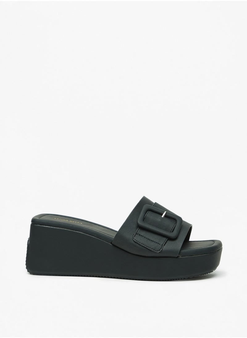 Flora Bella By Shoexpress - Womens Solid Slide Sandals with Wedge Heels and Buckle Accent - Image 1