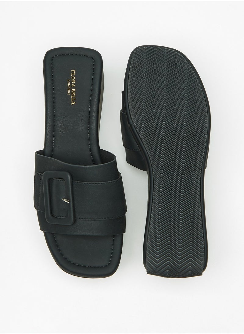 Flora Bella By Shoexpress - Womens Solid Slide Sandals with Wedge Heels and Buckle Accent - Image 1