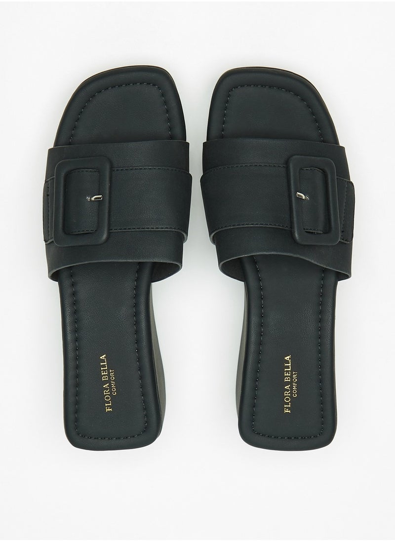 Flora Bella By Shoexpress - Womens Solid Slide Sandals with Wedge Heels and Buckle Accent - Image 1