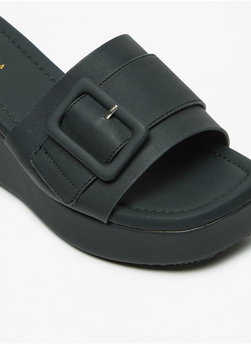 Flora Bella By Shoexpress - Womens Solid Slide Sandals with Wedge Heels and Buckle Accent - Image 1