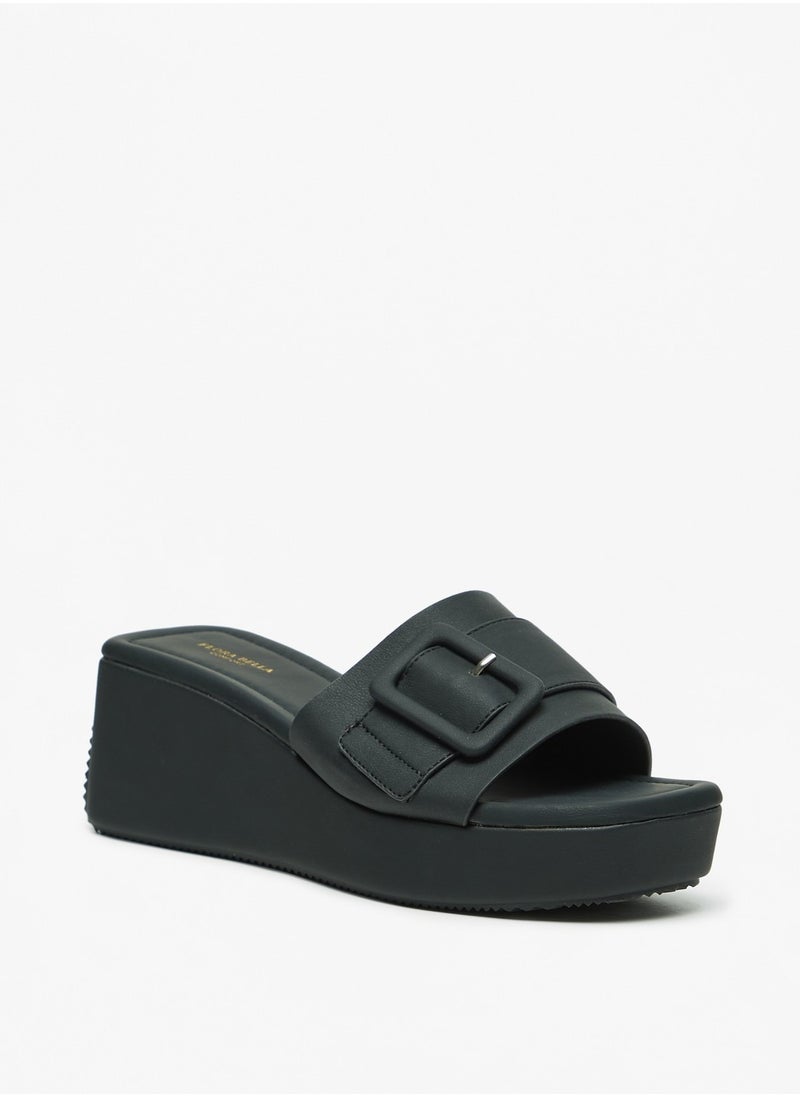 Flora Bella By Shoexpress - Womens Solid Slide Sandals with Wedge Heels and Buckle Accent - Image 1